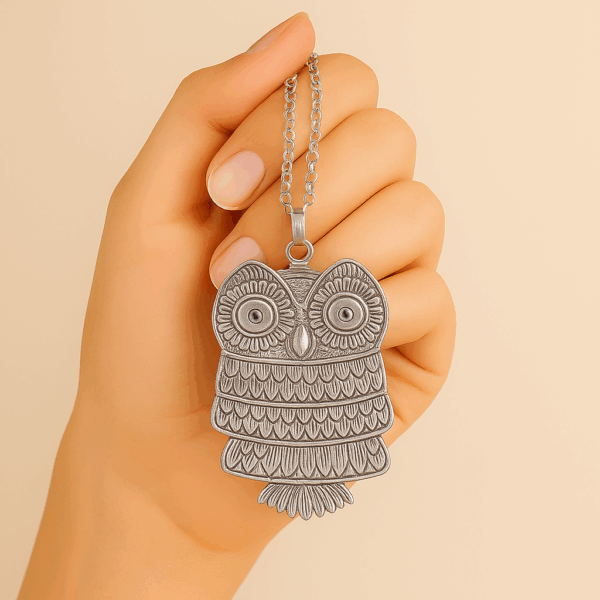 Collar Mujer Búho Plata Tibetana con Cadena de Acero Inoxidable